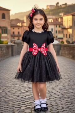 Kız Çocuk Bisiklet Yaka ve İnci İşlemeli Eteği Astarlı ve Simli Siyah Abiye