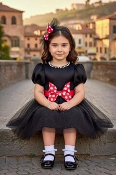 Kız Çocuk Bisiklet Yaka ve İnci İşlemeli Eteği Astarlı ve Simli Siyah Abiye