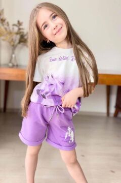 Kız Çocuk Run Wild Yazı ve At Baskılı Lila Şortlu Takım