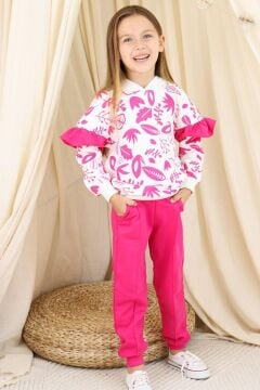 Kız Çocuk Kollarında Fırfır Detayı Üzerinde Yaprak Baskılı Kapüşonlu Fuşya Eşofman Takım