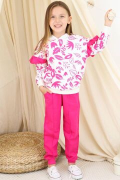 Kız Çocuk Kollarında Fırfır Detayı Üzerinde Yaprak Baskılı Kapüşonlu Fuşya Eşofman Takım