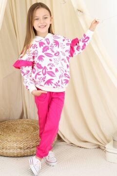 Kız Çocuk Kollarında Fırfır Detayı Üzerinde Yaprak Baskılı Kapüşonlu Fuşya Eşofman Takım