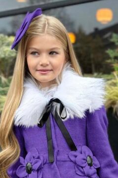Kız Çocuk Kürk Yakalı Önü Çiçek Ve Elmas Taş Detaylı Mor Kaşe