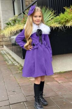 Kız Çocuk Kürk Yakalı Önü Çiçek Ve Elmas Taş Detaylı Mor Kaşe
