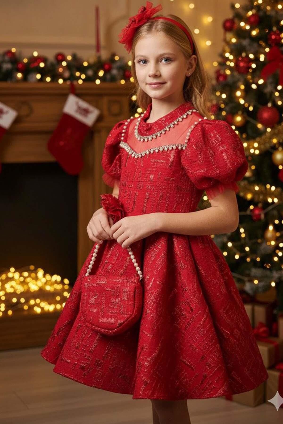 Kız Çocuk Yakası İnci Taş İşlemeli Üzeri Jakar Detaylı Balon Kollu Kabarık Kırmızı Abiye