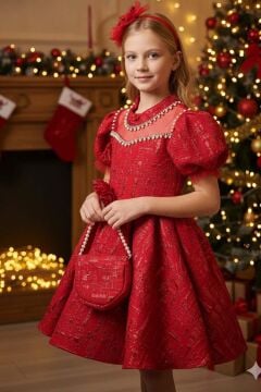 Kız Çocuk Yakası İnci Taş İşlemeli Üzeri Jakar Detaylı Balon Kollu Kabarık Kırmızı Abiye
