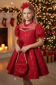 Kız Çocuk Yakası İnci Taş İşlemeli Üzeri Jakar Detaylı Balon Kollu Kabarık Kırmızı Abiye