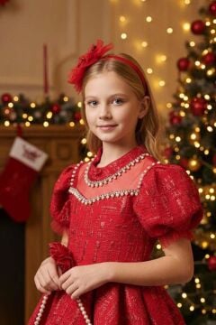 Kız Çocuk Yakası İnci Taş İşlemeli Üzeri Jakar Detaylı Balon Kollu Kabarık Kırmızı Abiye