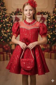 Kız Çocuk Yakası İnci Taş İşlemeli Üzeri Jakar Detaylı Balon Kollu Kabarık Kırmızı Abiye