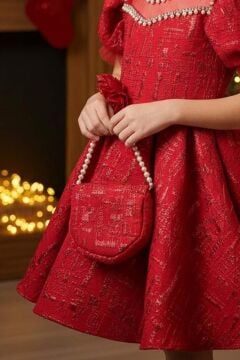 Kız Çocuk Yakası İnci Taş İşlemeli Üzeri Jakar Detaylı Balon Kollu Kabarık Kırmızı Abiye