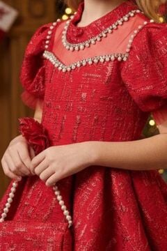 Kız Çocuk Yakası İnci Taş İşlemeli Üzeri Jakar Detaylı Balon Kollu Kabarık Kırmızı Abiye