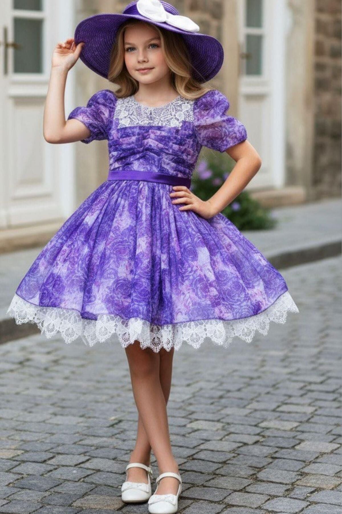 Kız Çocuk Balon Kollu Çiçek ve Dantel Detaylı Şapka Hediyeli Mor Abiye