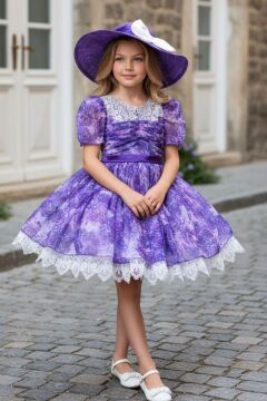 Kız Çocuk Balon Kollu Çiçek ve Dantel Detaylı Şapka Hediyeli Mor Abiye