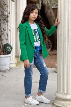 Kız Çocuk Üzeri Harf Pulpayet Tişört ve Jean Yeşil Blazer Ceket Alt Üst Takım