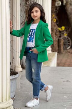 Kız Çocuk Üzeri Harf Pulpayet Tişört ve Jean Yeşil Blazer Ceket Alt Üst Takım