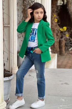 Kız Çocuk Üzeri Harf Pulpayet Tişört ve Jean Yeşil Blazer Ceket Alt Üst Takım