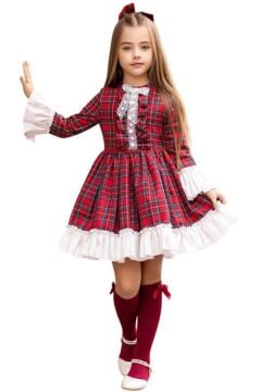 Kız Çocuk Renkli Ekose Desenli Yakası Kurdele Etek Ucu Fırfırlı Kırmızı Elbise