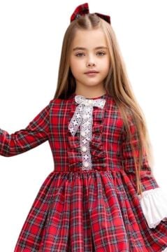 Kız Çocuk Renkli Ekose Desenli Yakası Kurdele Etek Ucu Fırfırlı Kırmızı Elbise