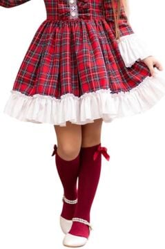 Kız Çocuk Renkli Ekose Desenli Yakası Kurdele Etek Ucu Fırfırlı Kırmızı Elbise