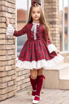 Kız Çocuk Renkli Ekose Desenli Yakası Kurdele Etek Ucu Fırfırlı Kırmızı Elbise