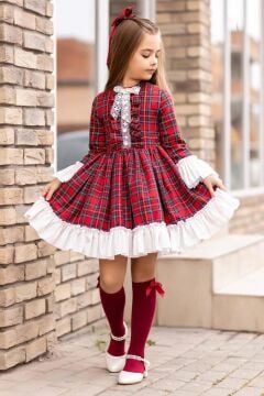 Kız Çocuk Renkli Ekose Desenli Yakası Kurdele Etek Ucu Fırfırlı Kırmızı Elbise