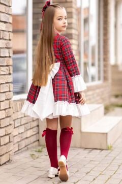 Kız Çocuk Renkli Ekose Desenli Yakası Kurdele Etek Ucu Fırfırlı Kırmızı Elbise