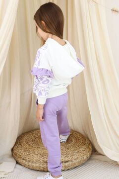 Kız Çocuk Kollarında Fırfır Detayı Üzerinde Yaprak Baskılı Kapüşonlu Lila Eşofman Takım