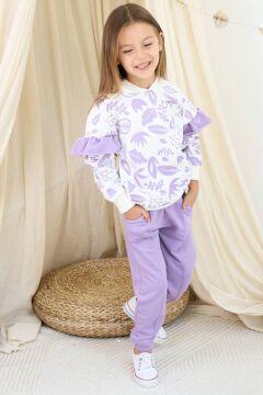 Kız Çocuk Kollarında Fırfır Detayı Üzerinde Yaprak Baskılı Kapüşonlu Lila Eşofman Takım