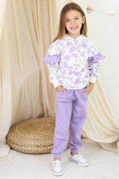 Kız Çocuk Kollarında Fırfır Detayı Üzerinde Yaprak Baskılı Kapüşonlu Lila Eşofman Takım