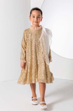 Kız Çocuk Yakası Tüllü Boydan Pulpayet İşlemeli Omuzu Fiyonk Detaylı Gold Elbise