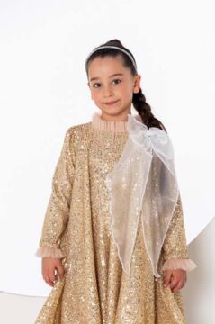 Kız Çocuk Yakası Tüllü Boydan Pulpayet İşlemeli Omuzu Fiyonk Detaylı Gold Elbise