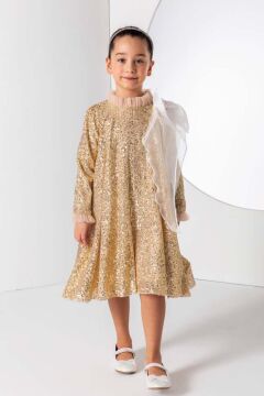 Kız Çocuk Yakası Tüllü Boydan Pulpayet İşlemeli Omuzu Fiyonk Detaylı Gold Elbise