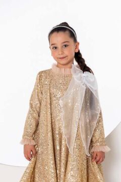 Kız Çocuk Yakası Tüllü Boydan Pulpayet İşlemeli Omuzu Fiyonk Detaylı Gold Elbise