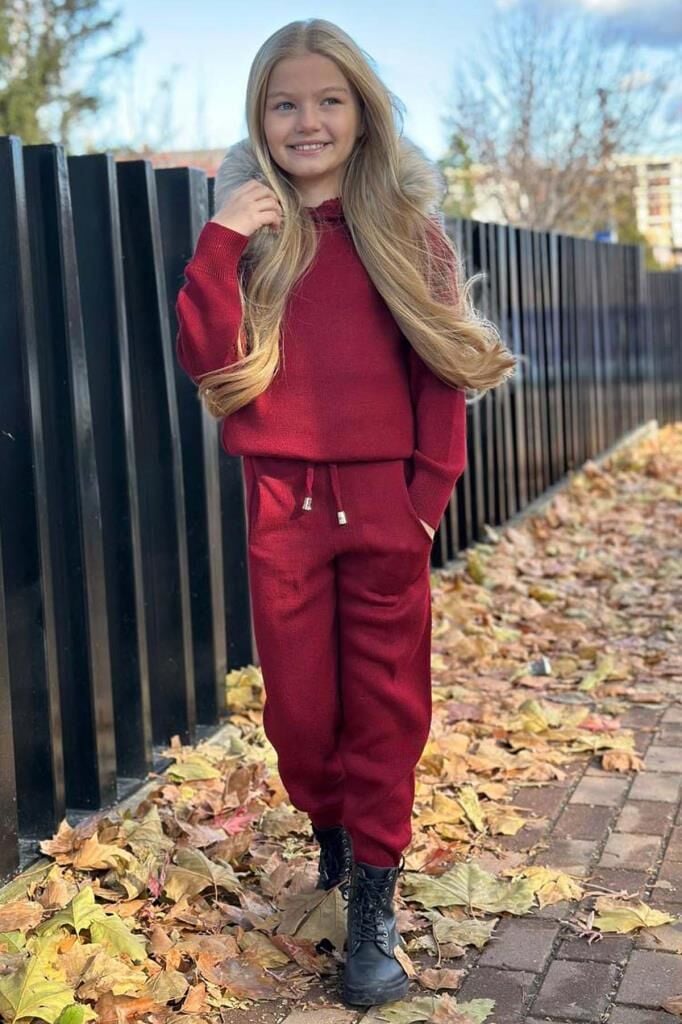 Kız Çocuk Yakası Çıkarılabilir Kürklü Kazak Çift Cepli Triko Bordo Alt Üst Takım