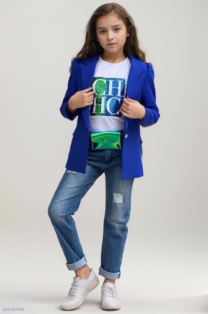 Kız Çocuk Üzeri Harf Pulpayet Tişört ve Jean Saks Mavisi Blazer Ceket Alt Üst Takım