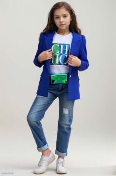Kız Çocuk Üzeri Harf Pulpayet Tişört ve Jean Saks Mavisi Blazer Ceket Alt Üst Takım