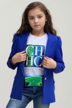 Kız Çocuk Üzeri Harf Pulpayet Tişört ve Jean Saks Mavisi Blazer Ceket Alt Üst Takım