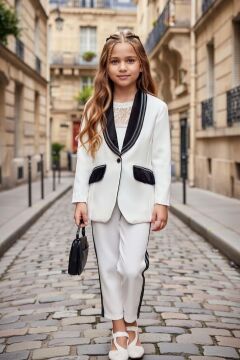 Kız Çocuk Yakası Taştan Şerit İşlemeli Ceket ve Yakası Dantel İşlemeli Bluz Beyaz Alt Üst Takım