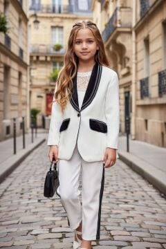 Kız Çocuk Yakası Taştan Şerit İşlemeli Ceket ve Yakası Dantel İşlemeli Bluz Beyaz Alt Üst Takım