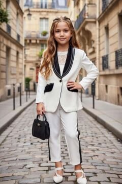 Kız Çocuk Yakası Taştan Şerit İşlemeli Ceket ve Yakası Dantel İşlemeli Bluz Beyaz Alt Üst Takım