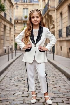 Kız Çocuk Yakası Taştan Şerit İşlemeli Ceket ve Yakası Dantel İşlemeli Bluz Beyaz Alt Üst Takım