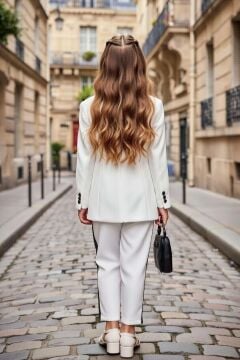 Kız Çocuk Yakası Taştan Şerit İşlemeli Ceket ve Yakası Dantel İşlemeli Bluz Beyaz Alt Üst Takım