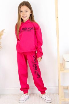 Kız Çocuk Love And Hope Basklı Penye Sweatshirt Fuşya Eşofman Takım