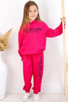 Kız Çocuk Love And Hope Basklı Penye Sweatshirt Fuşya Eşofman Takım