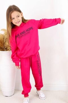 Kız Çocuk Love And Hope Basklı Penye Sweatshirt Fuşya Eşofman Takım