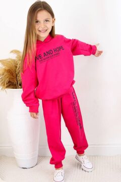Kız Çocuk Love And Hope Basklı Penye Sweatshirt Fuşya Eşofman Takım