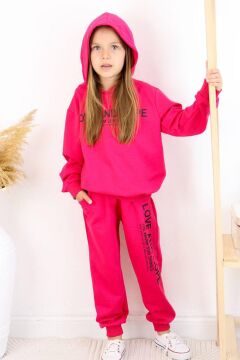 Kız Çocuk Love And Hope Basklı Penye Sweatshirt Fuşya Eşofman Takım