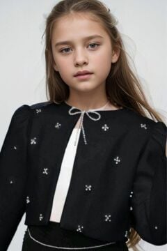 Kız Çocuk Üzeri Taş İşlemeli Etek Askılı Penye Bluz ve Siyah Blazer Ceket Etekli Takım