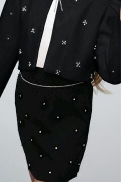 Kız Çocuk Üzeri Taş İşlemeli Etek Askılı Penye Bluz ve Siyah Blazer Ceket Etekli Takım