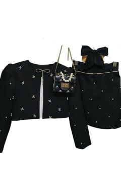 Kız Çocuk Üzeri Taş İşlemeli Etek Askılı Penye Bluz ve Siyah Blazer Ceket Etekli Takım